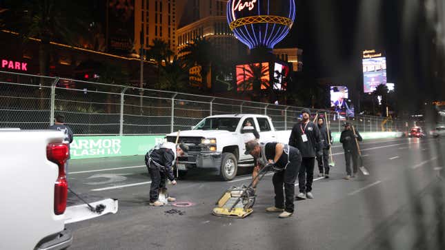 Drain cover is repairing before practice ahead of the Formula 1 Las Vegas Grand Prix at Las Vegas Strip Circuit in Las Vegas, United States on November 17, 2023.