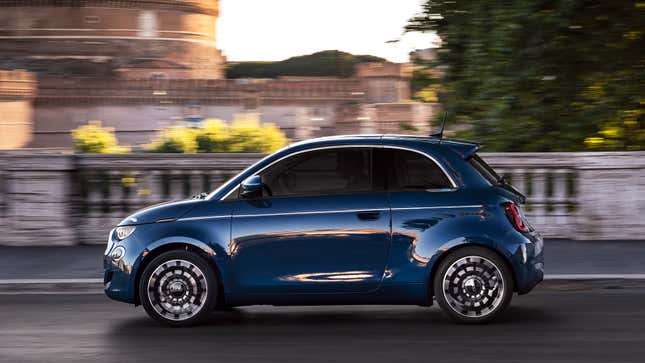 Blue Fiat 500e side view