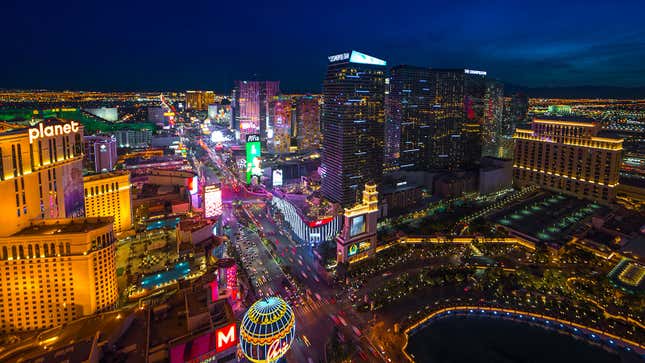 A photo of the Las Vegas skyline at night.