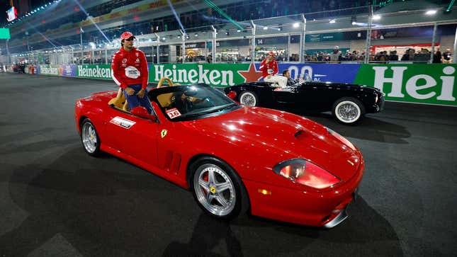 Carlos Sainz of Spain and Ferrari looks on from the drivers parade prior to the F1 Grand Prix of Las Vegas at Las Vegas Strip Circuit on November 18, 2023 in Las Vegas, Nevada. 