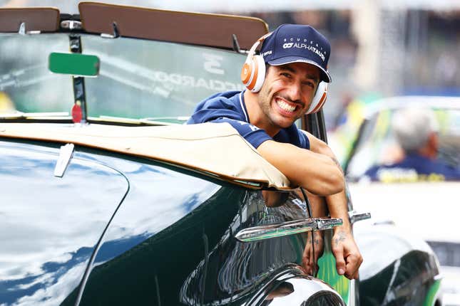 Daniel Ricciardo of Australia and Scuderia AlphaTauri looks on from the drivers parade prior to the F1 Grand Prix of Brazil at Autodromo Jose Carlos Pace on November 05, 2023 in Sao Paulo, Brazil