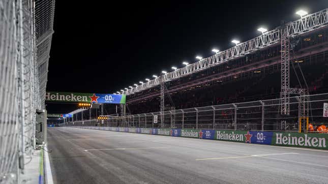 An empty grid in the run-up to the 2nd free practice prior to the Las Vegas Formula 1 Grand Prix at the Las Vegas Strip Circuit in Nevada.